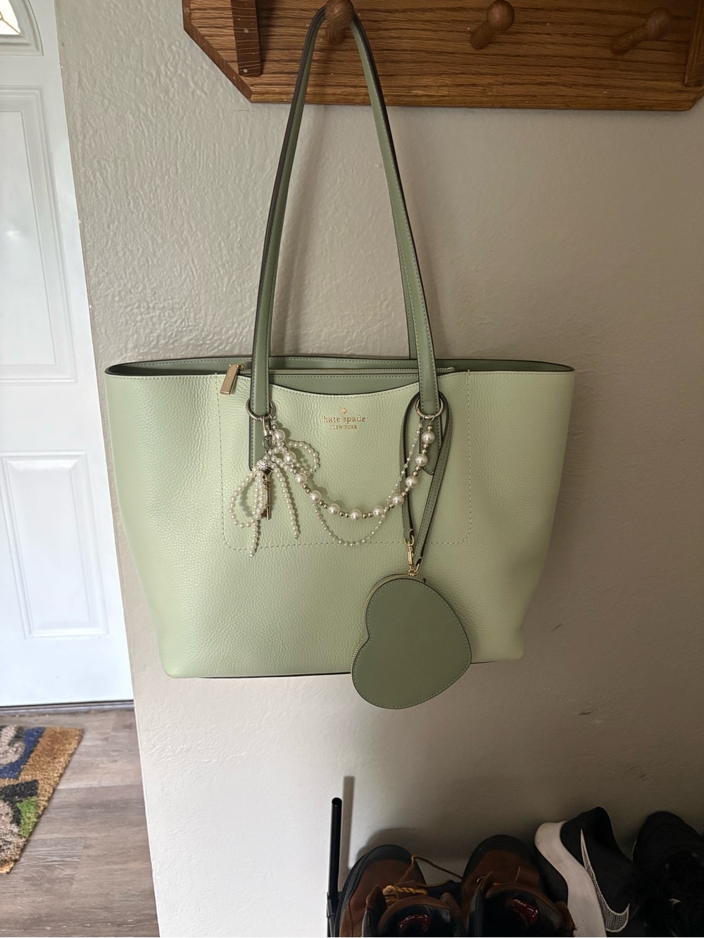 kate spade Mint Green Pebbled Leather Tote with Heart Coin Purse
